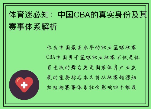体育迷必知：中国CBA的真实身份及其赛事体系解析